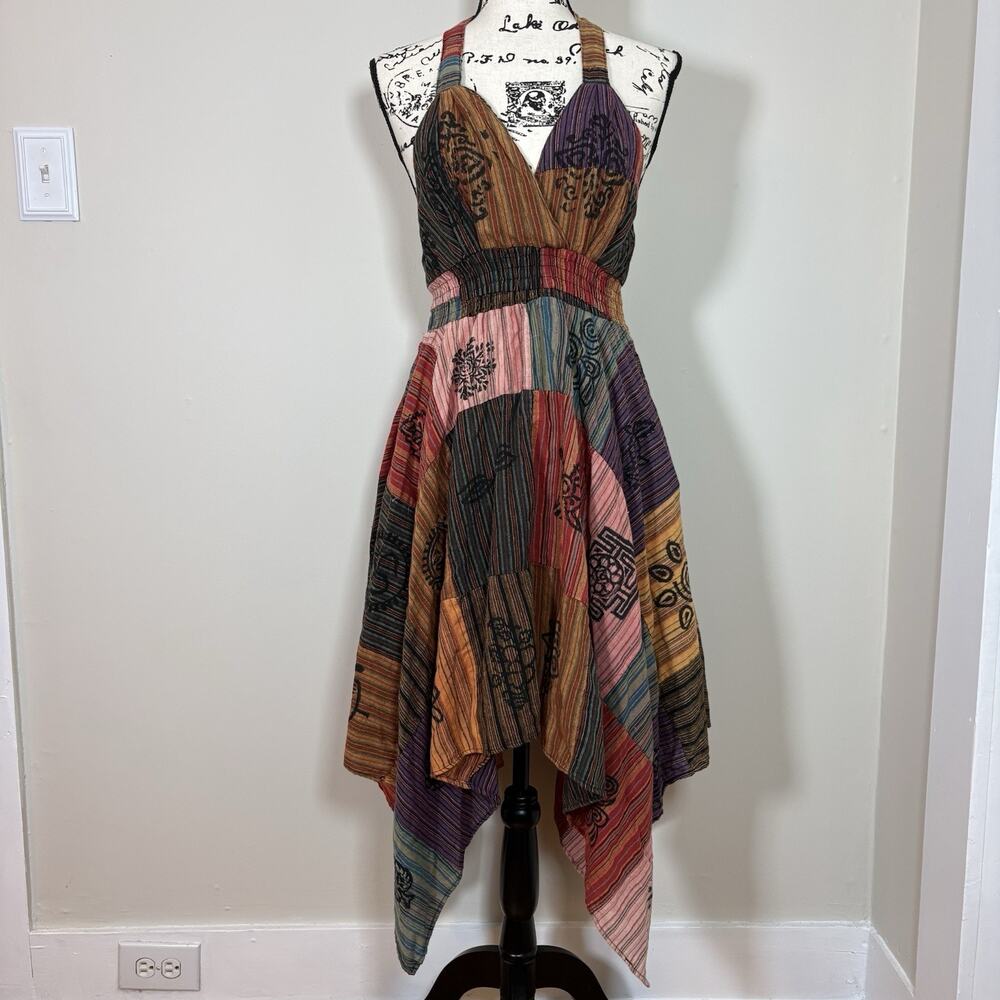Kirat Boho Patchwork Handkerchief Halter Dress O/S Boho Festival Hippie Fairy